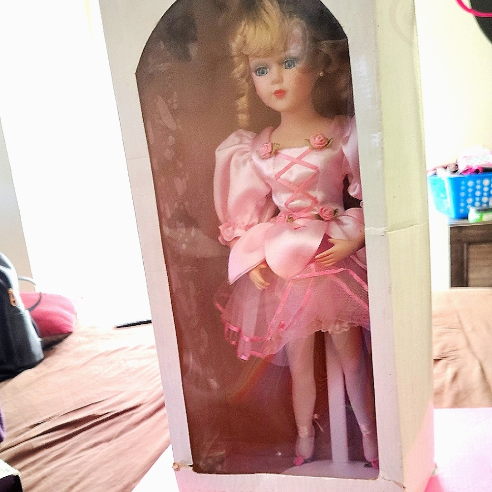 Elegant Pink Porcelain Doll in Box
